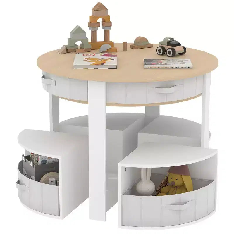 Set Tavolo e Sedie Nido per Bambini in Legno a 5 Pezzi con Tavolo Rotondo per Attività, 4 Sgabelli e Cassetti in Tessuto per Giocare, Dipingere, Creare, Leggere