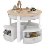 Set Tavolo e Sedie Nido per Bambini in Legno a 5 Pezzi con Tavolo Rotondo per Attività, 4 Sgabelli e Cassetti in Tessuto per Giocare, Dipingere, Creare, Leggere