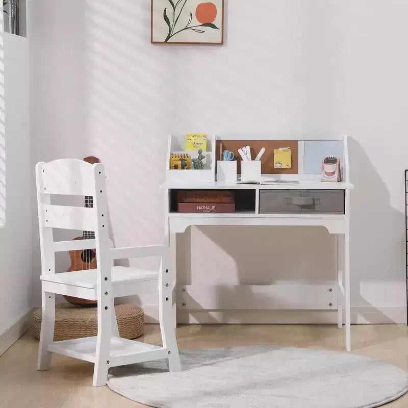 Kids Desk and Chair Set, Study Desk and Adjustable Chair Set with Hutch, Cork Board, Drawers, Pen Holders, Children Study Table Set
