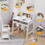 Set Scrivania e Sedia per Bambini, Scrivania da Studio e Sedia Regolabile con Libreria, Bacheca in Sughero, Cassetti, Portapenne, Set Tavolo da Studio per Bambini