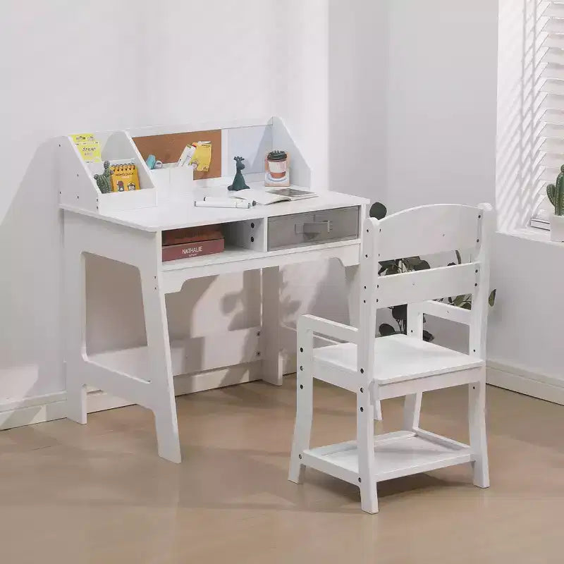 Set Scrivania e Sedia per Bambini, Scrivania da Studio e Sedia Regolabile con Libreria, Bacheca in Sughero, Cassetti, Portapenne, Set Tavolo da Studio per Bambini