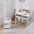 Set Scrivania e Sedia per Bambini, Scrivania da Studio e Sedia Regolabile con Libreria, Bacheca in Sughero, Cassetti, Portapenne, Set Tavolo da Studio per Bambini
