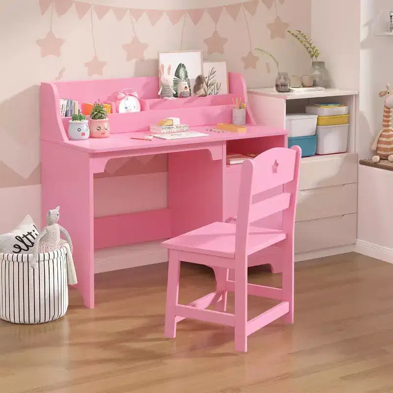 Set scrivania e sedia per bambini con alzatina e mobile contenitore, tavolo da studio in legno per bambini, scrivania da studente per camera da letto o studio, rosa