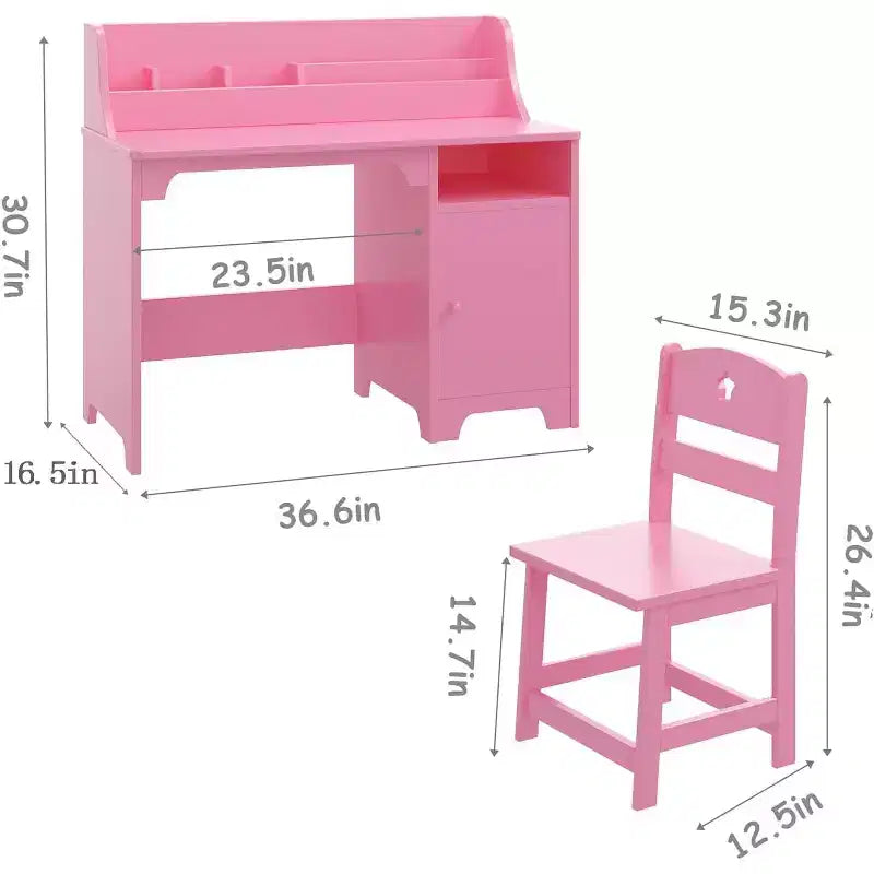Set scrivania e sedia per bambini con alzatina e mobile contenitore, tavolo da studio in legno per bambini, scrivania da studente per camera da letto o studio, rosa