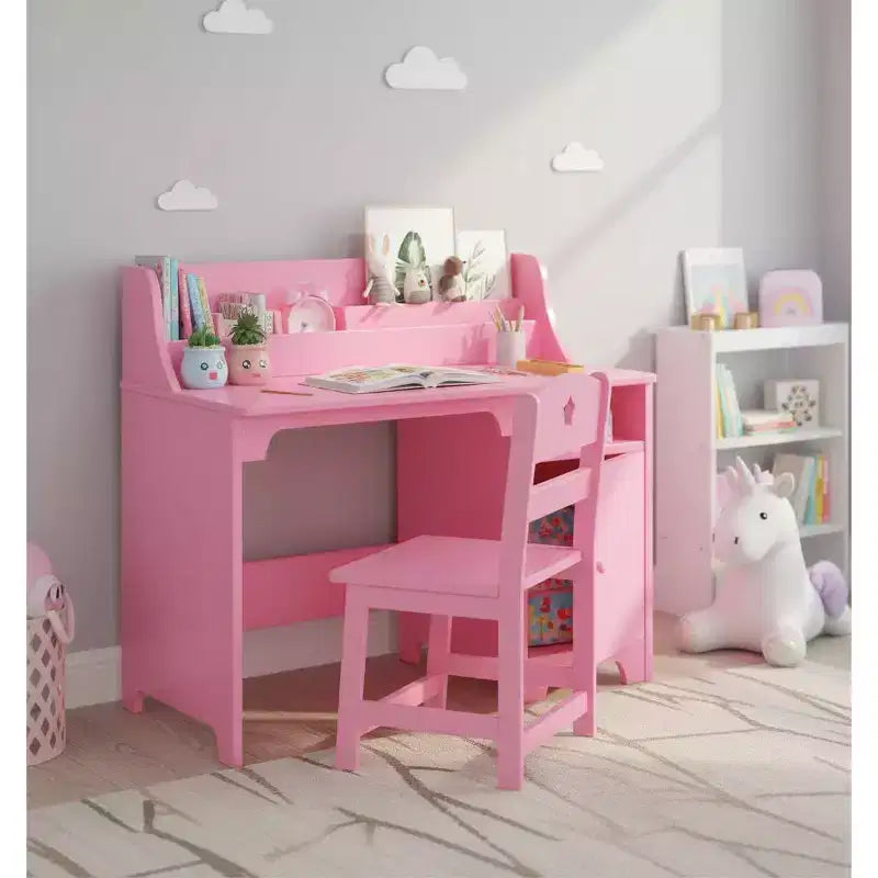 Set scrivania e sedia per bambini con alzatina e mobile contenitore, tavolo da studio in legno per bambini, scrivania da studente per camera da letto o studio, rosa