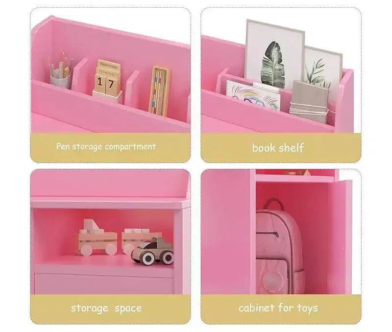 Set scrivania e sedia per bambini con alzatina e mobile contenitore, tavolo da studio in legno per bambini, scrivania da studente per camera da letto o studio, rosa
