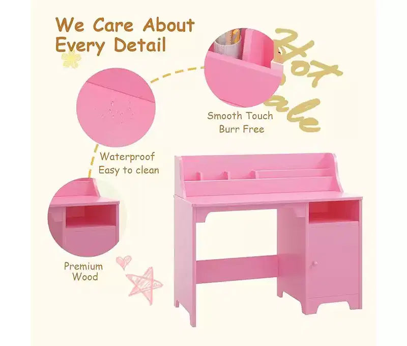 Set scrivania e sedia per bambini con alzatina e mobile contenitore, tavolo da studio in legno per bambini, scrivania da studente per camera da letto o studio, rosa