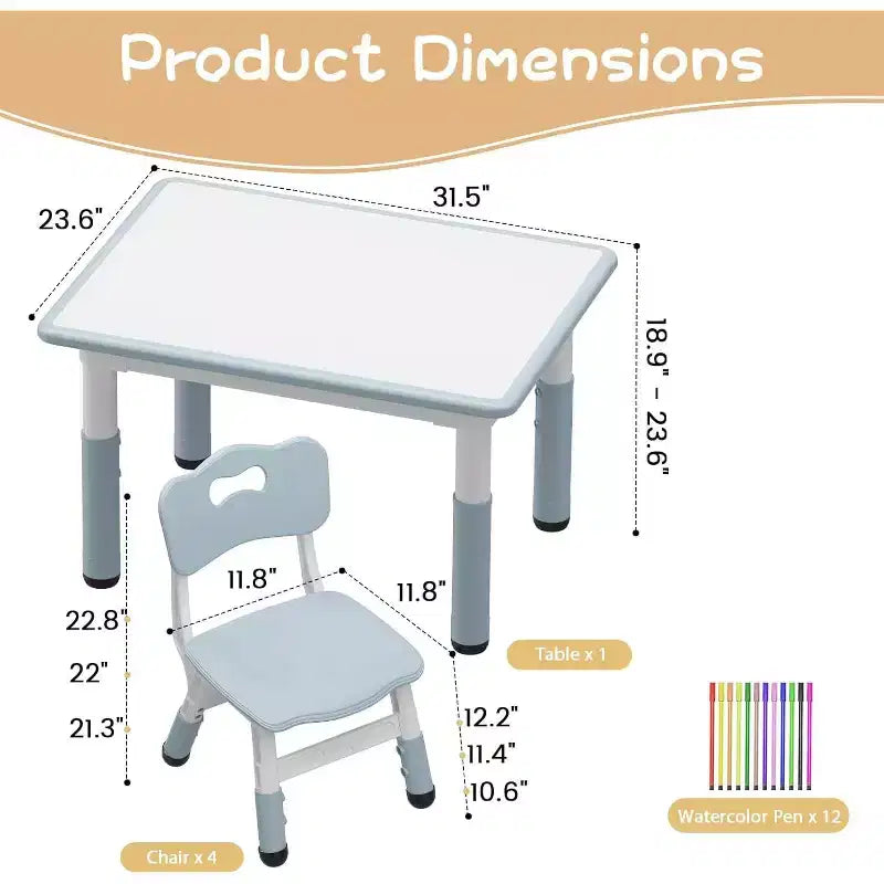 Tavolo per Bambini con Sedia, Regolabile in Altezza, con Piano in Grafite, Tavolo per Bambini con 4 Sedie per Asilo Nido, Sedia Ergonomica