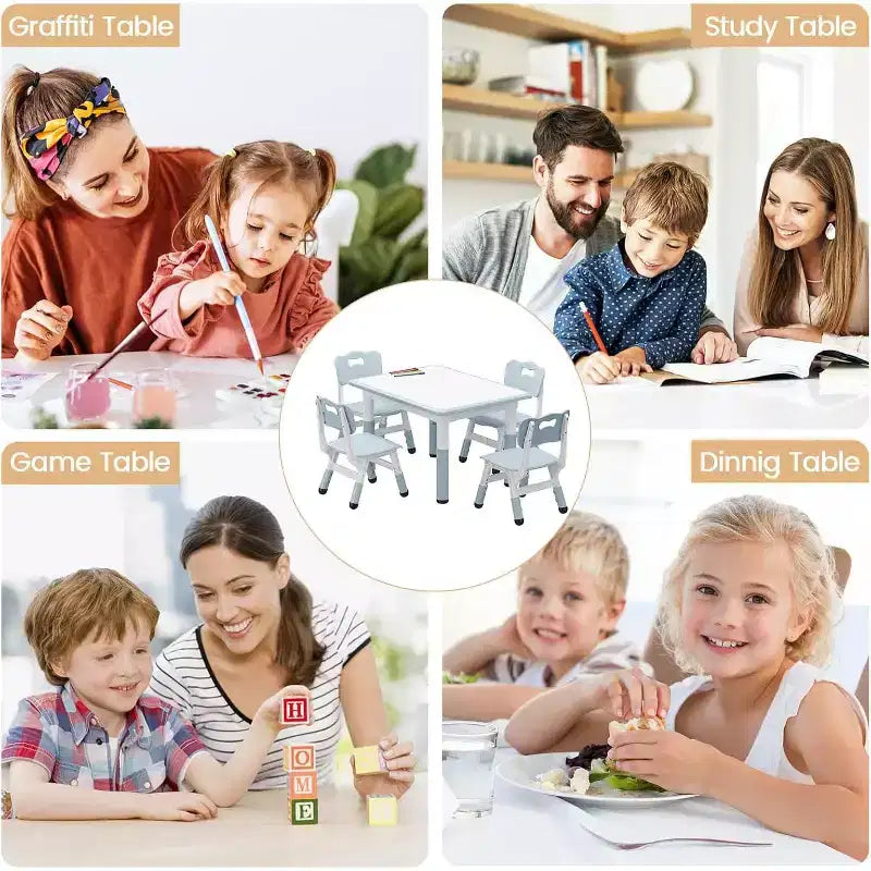 Tavolo per Bambini con Sedia, Regolabile in Altezza, con Piano in Grafite, Tavolo per Bambini con 4 Sedie per Asilo Nido, Sedia Ergonomica