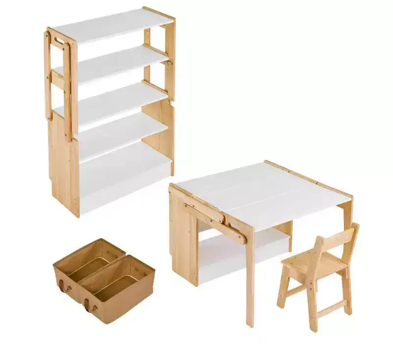 Kids Desk and Chair Set, Convertible Activity Table to Storage Shelves, Folding Writing Table with Storage Box for Bedroom, Study Room
