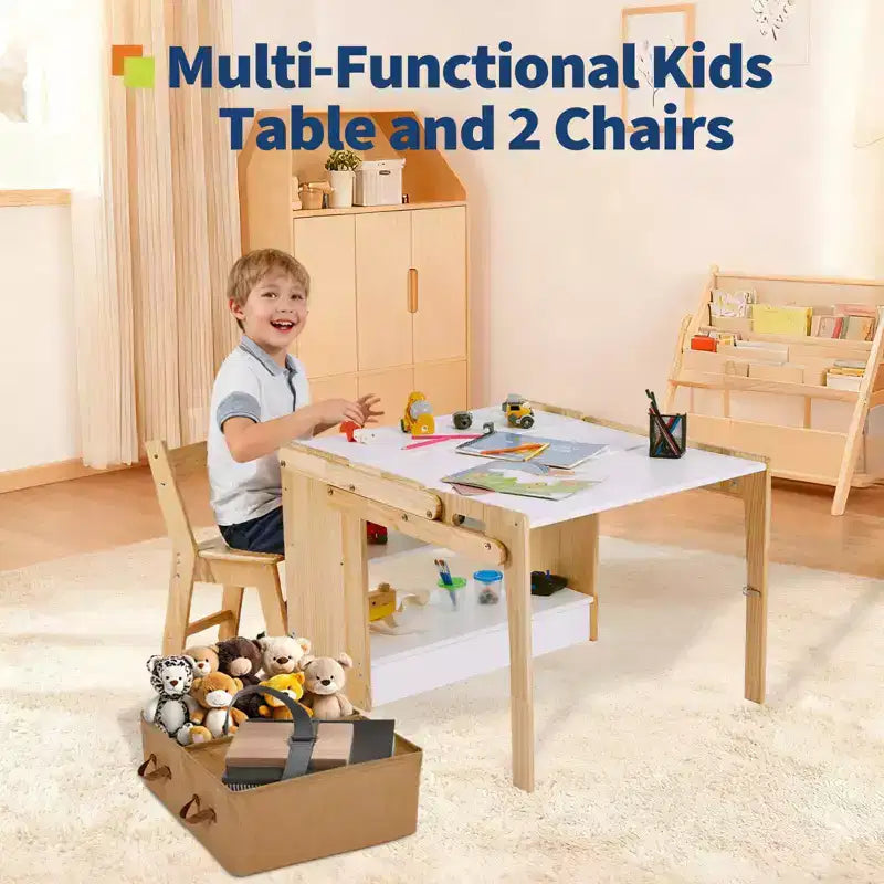 Set scrivania e sedia per bambini, tavolo attività convertibile in scaffali portaoggetti, tavolo da scrittura pieghevole con scatola portaoggetti per camera da letto, sala studio