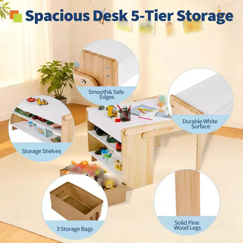 Set scrivania e sedia per bambini, tavolo attività convertibile in scaffali portaoggetti, tavolo da scrittura pieghevole con scatola portaoggetti per camera da letto, sala studio