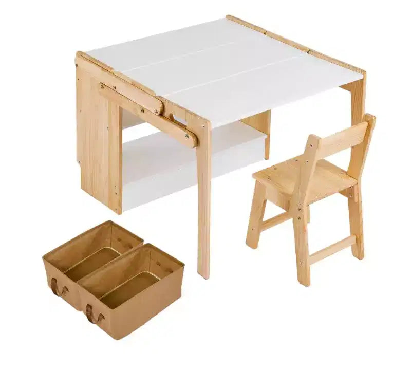 Set scrivania e sedia per bambini, tavolo attività convertibile in scaffali portaoggetti, tavolo da scrittura pieghevole con scatola portaoggetti per camera da letto, sala studio