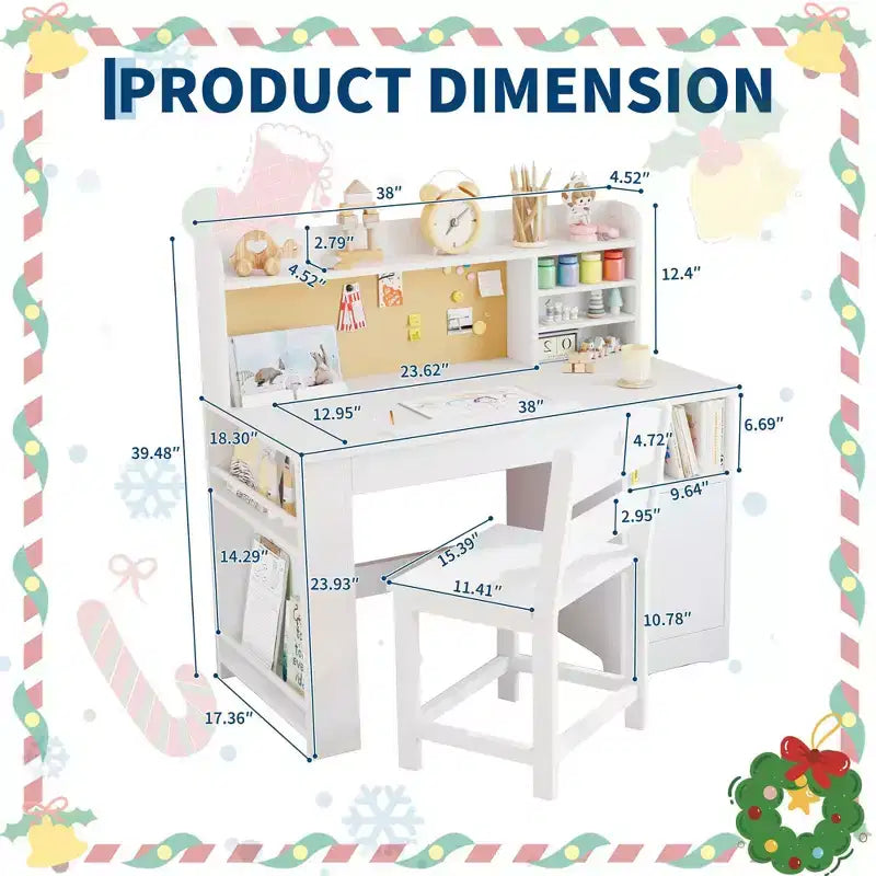 Set Scrivania e Sedia per Bambini con Contenitore, Scrivania Studio per Bambini con Credenza e Piano Inclinabile, Tavolo in Legno per Bambini con Mobile Contenitore per 3-8 Anni