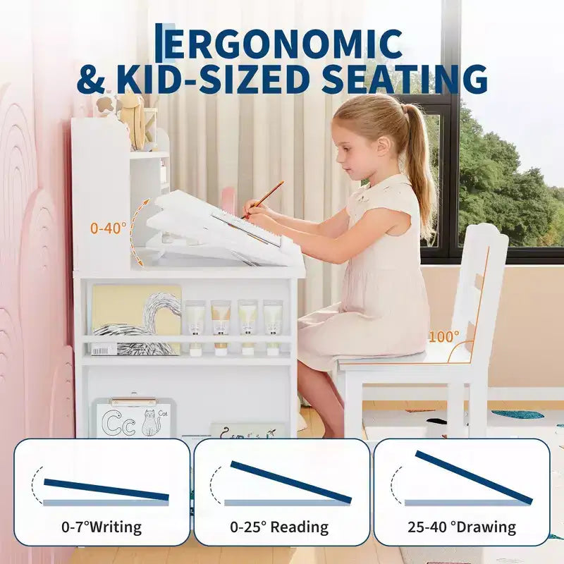 Set Scrivania e Sedia per Bambini con Contenitore, Scrivania Studio per Bambini con Credenza e Piano Inclinabile, Tavolo in Legno per Bambini con Mobile Contenitore per 3-8 Anni