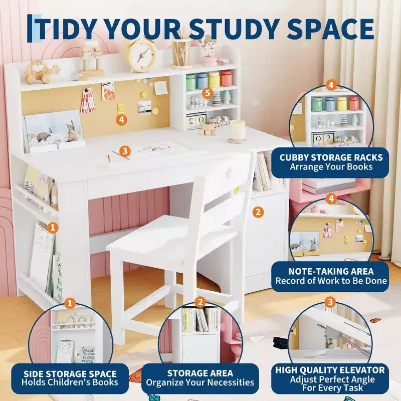 Set Scrivania e Sedia per Bambini con Contenitore, Scrivania Studio per Bambini con Credenza e Piano Inclinabile, Tavolo in Legno per Bambini con Mobile Contenitore per 3-8 Anni