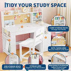 Set Scrivania e Sedia per Bambini con Contenitore, Scrivania Studio per Bambini con Credenza e Piano Inclinabile, Tavolo in Legno per Bambini con Mobile Contenitore per 3-8 Anni
