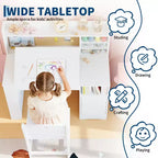 Set Scrivania e Sedia per Bambini con Contenitore, Scrivania Studio per Bambini con Credenza e Piano Inclinabile, Tavolo in Legno per Bambini con Mobile Contenitore per 3-8 Anni