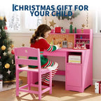 Set Scrivania e Sedia per Bambini con Contenitore, Scrivania Studio per Bambini con Credenza e Piano Inclinabile, Tavolo in Legno per Bambini con Mobile Contenitore per 3-8 Anni