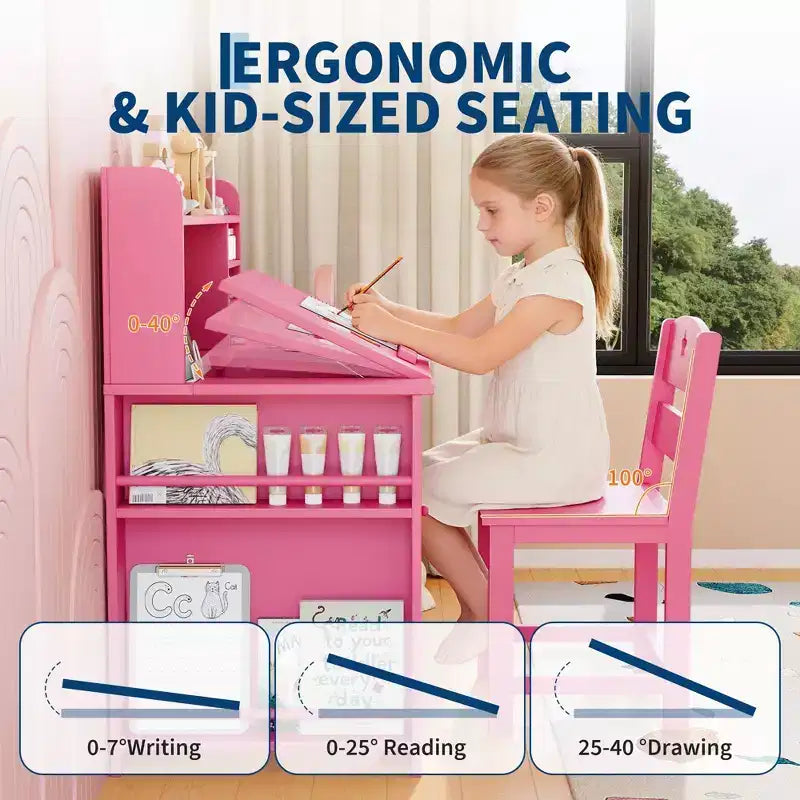 Set Scrivania e Sedia per Bambini con Contenitore, Scrivania Studio per Bambini con Credenza e Piano Inclinabile, Tavolo in Legno per Bambini con Mobile Contenitore per 3-8 Anni