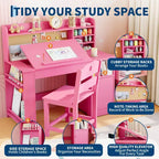 Set Scrivania e Sedia per Bambini con Contenitore, Scrivania Studio per Bambini con Credenza e Piano Inclinabile, Tavolo in Legno per Bambini con Mobile Contenitore per 3-8 Anni