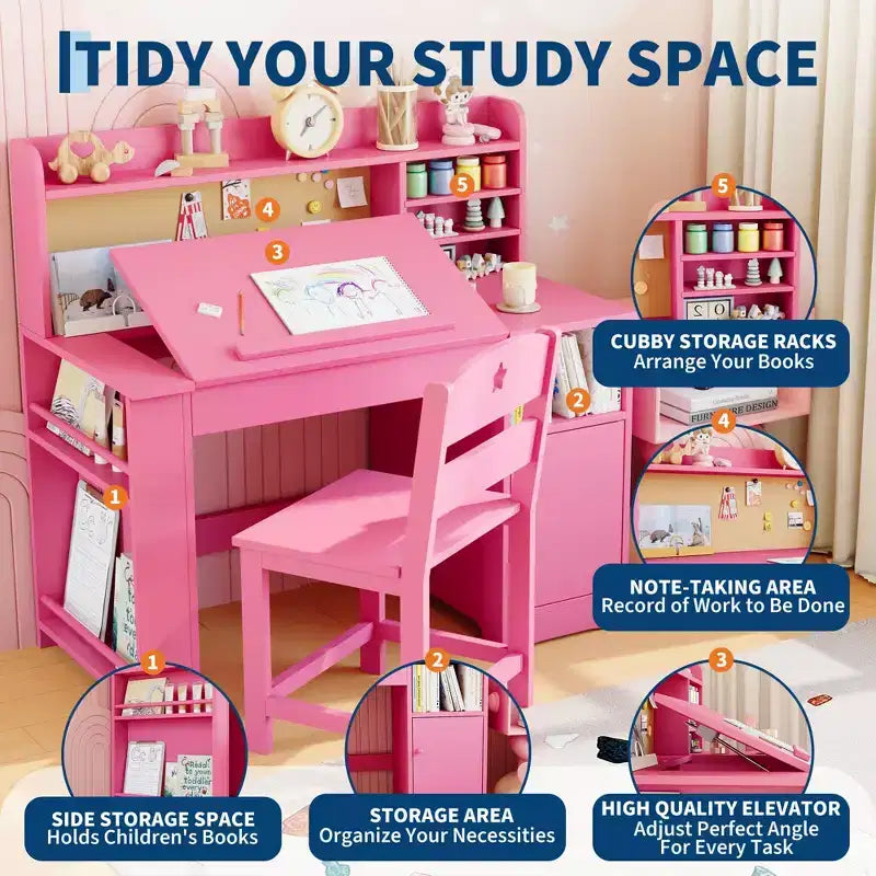 Set Scrivania e Sedia per Bambini con Contenitore, Scrivania Studio per Bambini con Credenza e Piano Inclinabile, Tavolo in Legno per Bambini con Mobile Contenitore per 3-8 Anni