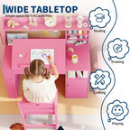 Set Scrivania e Sedia per Bambini con Contenitore, Scrivania Studio per Bambini con Credenza e Piano Inclinabile, Tavolo in Legno per Bambini con Mobile Contenitore per 3-8 Anni