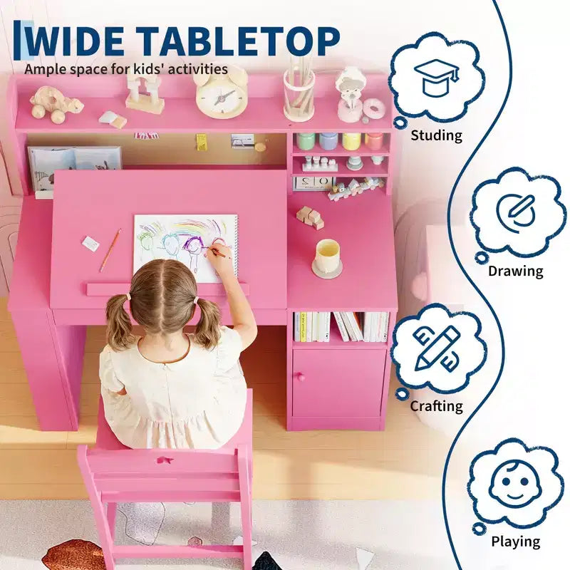 Set Scrivania e Sedia per Bambini con Contenitore, Scrivania Studio per Bambini con Credenza e Piano Inclinabile, Tavolo in Legno per Bambini con Mobile Contenitore per 3-8 Anni
