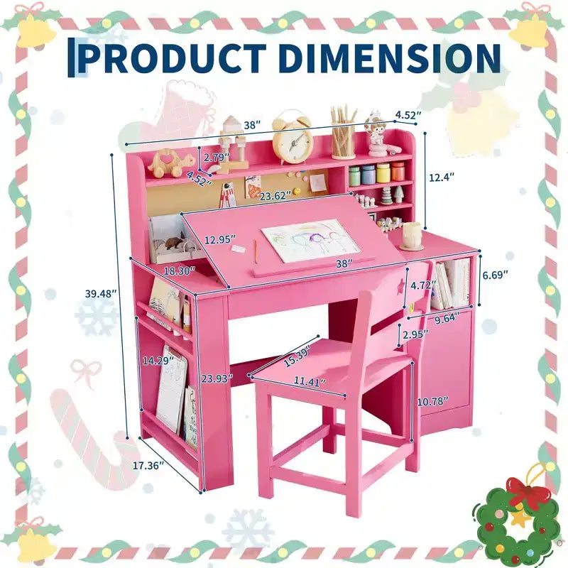 Set Scrivania e Sedia per Bambini con Contenitore, Scrivania Studio per Bambini con Credenza e Piano Inclinabile, Tavolo in Legno per Bambini con Mobile Contenitore per 3-8 Anni