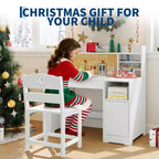 Set Scrivania e Sedia per Bambini con Contenitore, Scrivania Studio per Bambini con Credenza e Piano Inclinabile, Tavolo in Legno per Bambini con Mobile Contenitore per 3-8 Anni