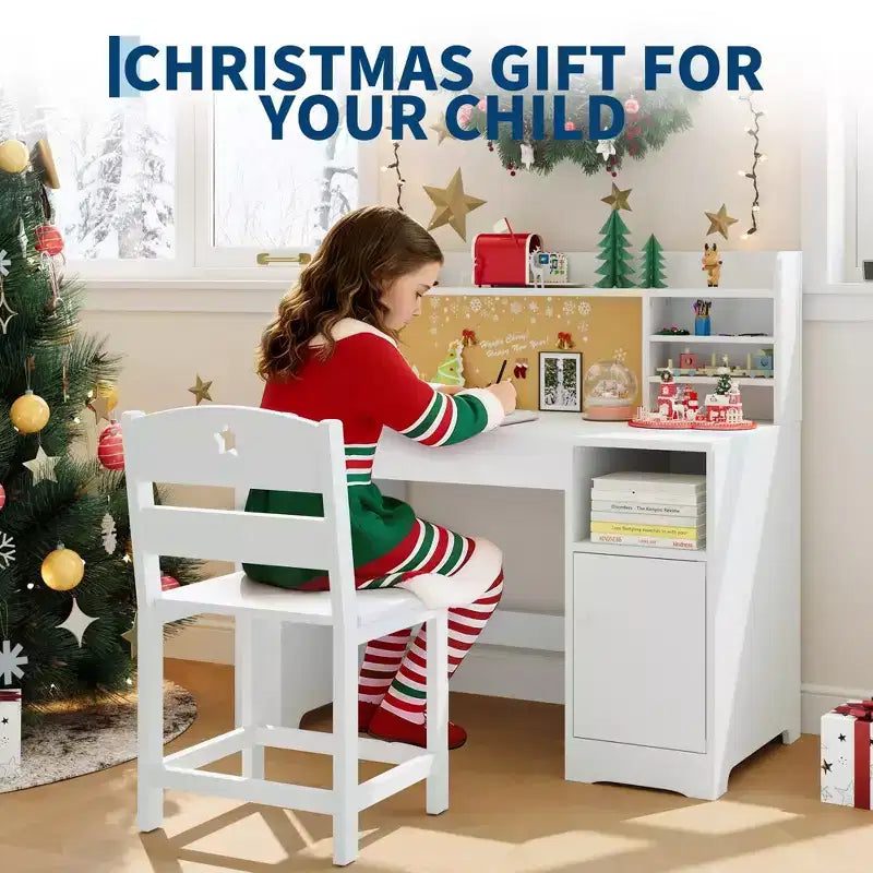 Set Scrivania e Sedia per Bambini con Contenitore, Scrivania Studio per Bambini con Credenza e Piano Inclinabile, Tavolo in Legno per Bambini con Mobile Contenitore per 3-8 Anni