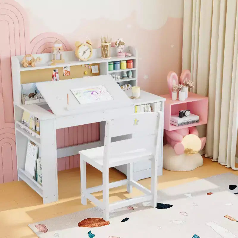 Set Scrivania e Sedia per Bambini con Contenitore, Scrivania Studio per Bambini con Credenza e Piano Inclinabile, Tavolo in Legno per Bambini con Mobile Contenitore per 3-8 Anni