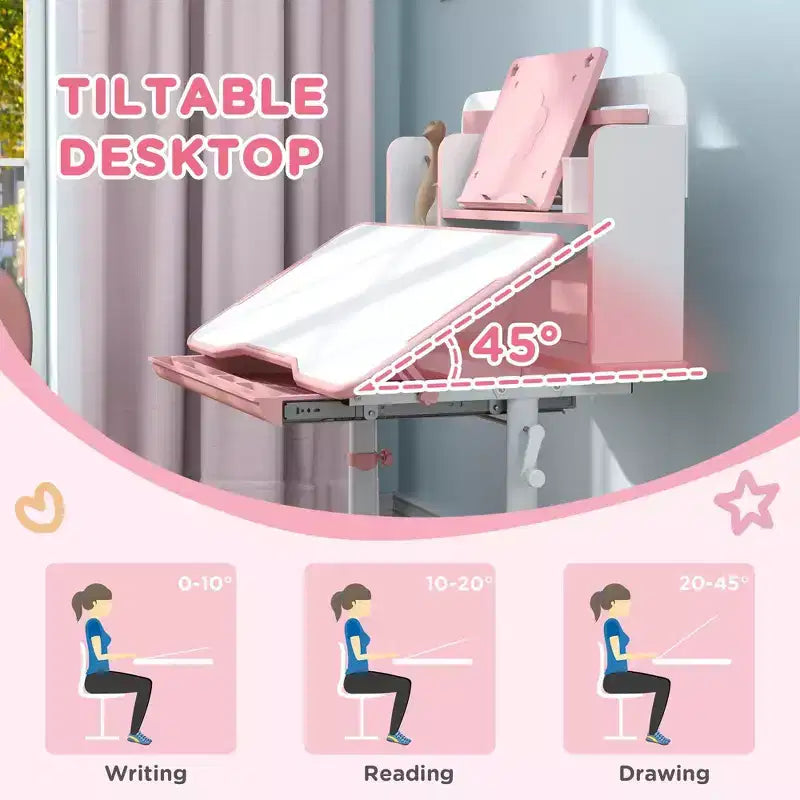 Set Scrivania e Sedia per Bambini, Scrivania con Altezza Regolabile e Piano Inclinabile, Cassetto Contenitore, Leggio, Scrivania da Studio per Bambini per Scrittura, Età 3-12