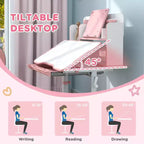 Set Scrivania e Sedia per Bambini, Scrivania con Altezza Regolabile e Piano Inclinabile, Cassetto Contenitore, Leggio, Scrivania da Studio per Bambini per Scrittura, Età 3-12