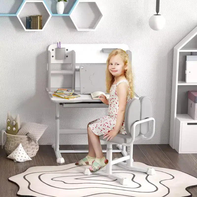 Set Scrivania e Sedia per Bambini, Scrivania con Altezza Regolabile e Piano Inclinabile, Cassetto Contenitore, Leggio, Scrivania da Studio per Bambini per Scrittura, Età 3-12