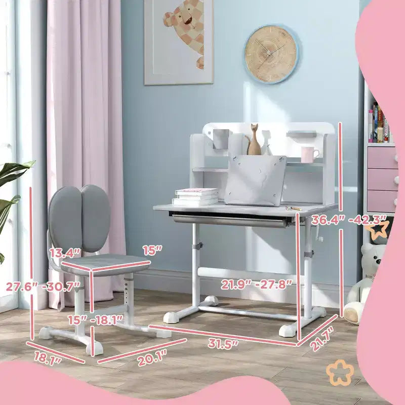 Set Scrivania e Sedia per Bambini, Scrivania con Altezza Regolabile e Piano Inclinabile, Cassetto Contenitore, Leggio, Scrivania da Studio per Bambini per Scrittura, Età 3-12