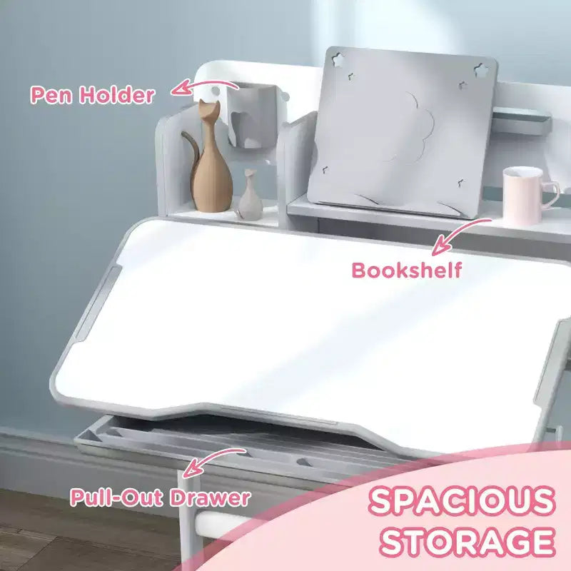 Set Scrivania e Sedia per Bambini, Scrivania con Altezza Regolabile e Piano Inclinabile, Cassetto Contenitore, Leggio, Scrivania da Studio per Bambini per Scrittura, Età 3-12