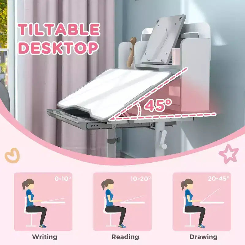 Set Scrivania e Sedia per Bambini, Scrivania con Altezza Regolabile e Piano Inclinabile, Cassetto Contenitore, Leggio, Scrivania da Studio per Bambini per Scrittura, Età 3-12