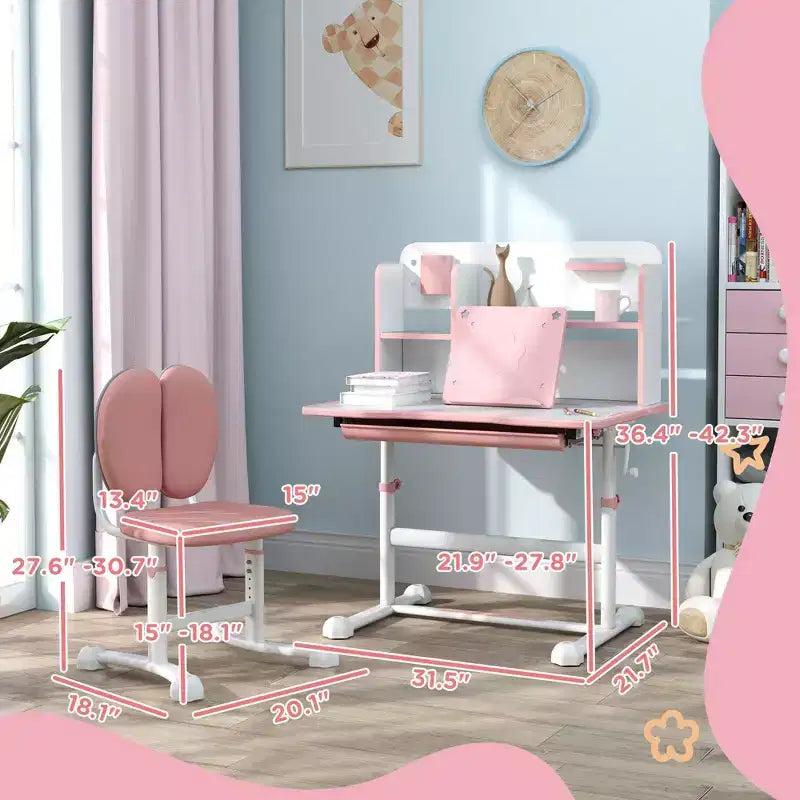 Set Scrivania e Sedia per Bambini, Scrivania con Altezza Regolabile e Piano Inclinabile, Cassetto Contenitore, Leggio, Scrivania da Studio per Bambini per Scrittura, Età 3-12
