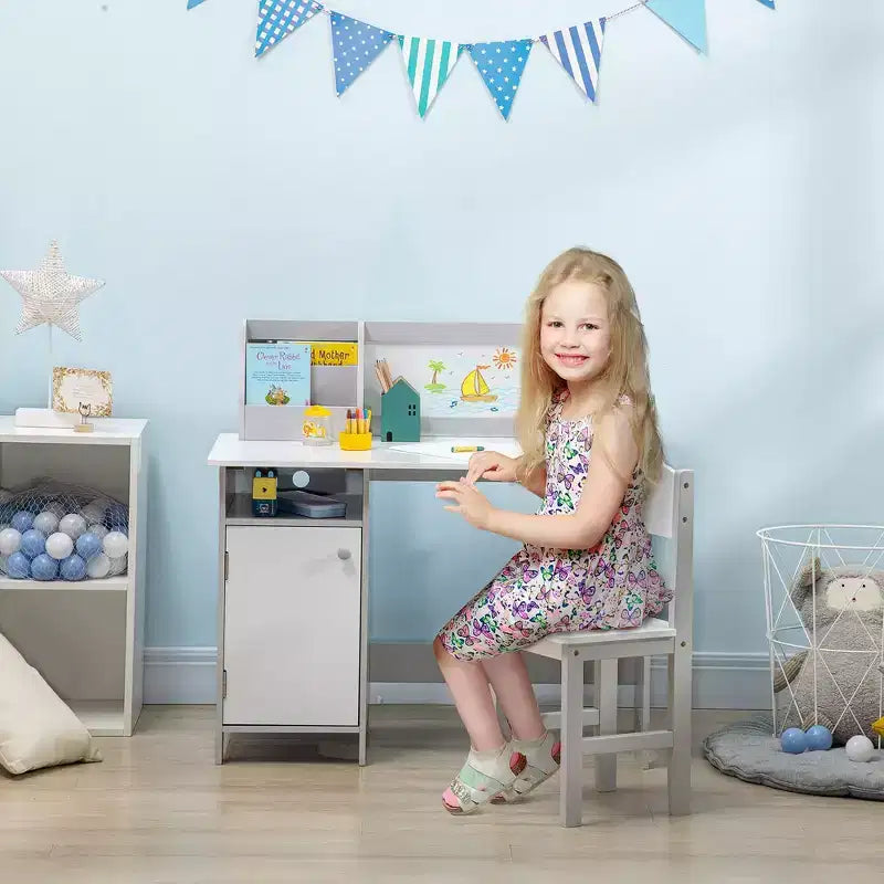 Set scrivania e sedia per bambini, Scrivania per bambini con piano lavagna, Mobiletto contenitore, Tavolo studio per bambini per scrivere, leggere, imparare