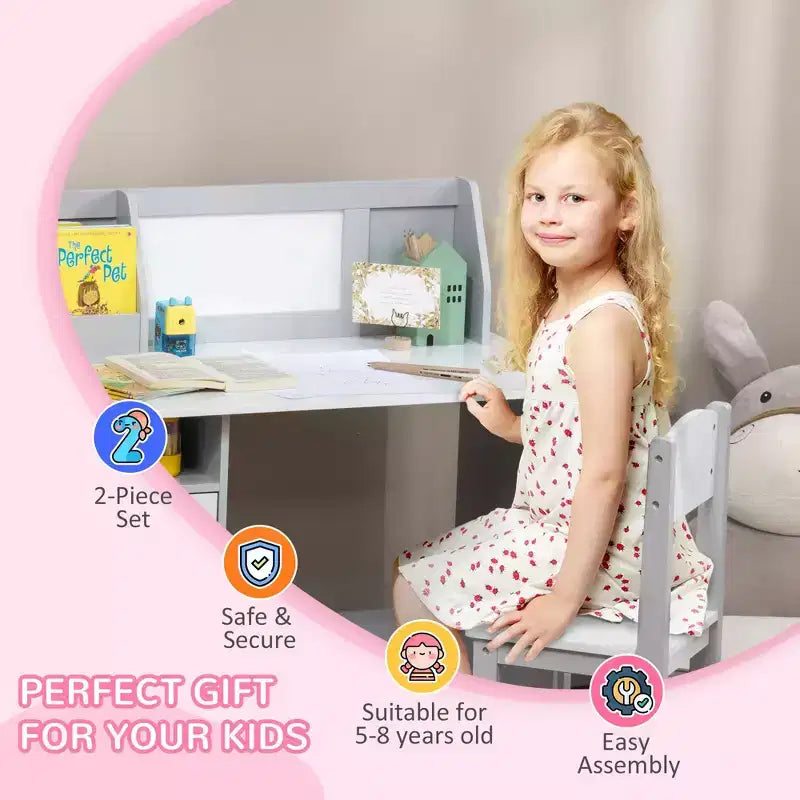 Set scrivania e sedia per bambini, Scrivania per bambini con piano lavagna, Mobiletto contenitore, Tavolo studio per bambini per scrivere, leggere, imparare