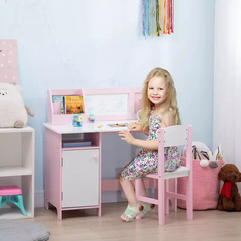 Set scrivania e sedia per bambini, Scrivania per bambini con piano lavagna, Mobiletto contenitore, Tavolo studio per bambini per scrivere, leggere, imparare