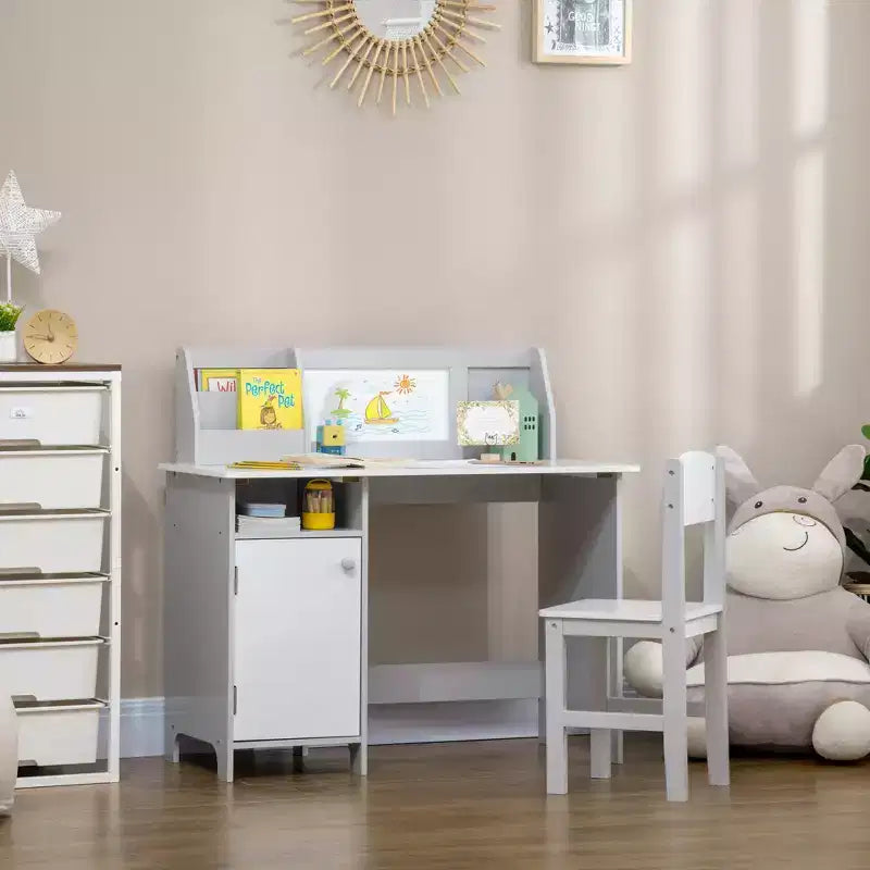Set scrivania e sedia per bambini, Scrivania per bambini con piano lavagna, Mobiletto contenitore, Tavolo studio per bambini per scrivere, leggere, imparare