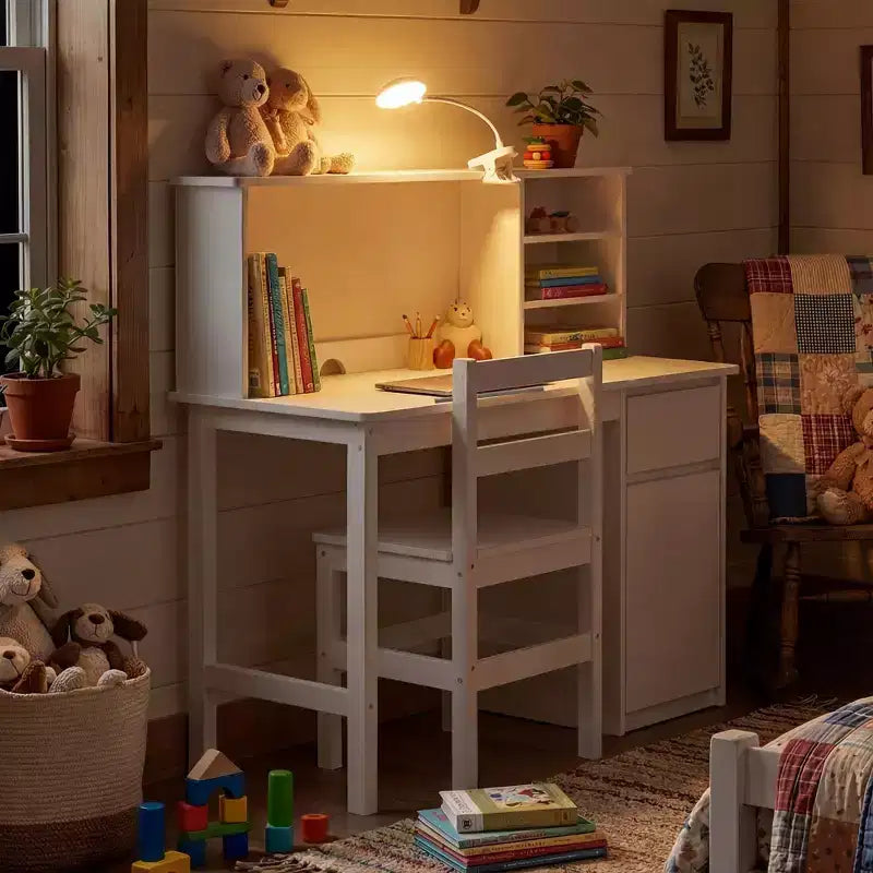 Set scrivania e sedia per bambini in legno massello: piano regolabile inclinabile + scomparto integrato + lampada a clip, postazione di studio ergonomica per bambini
