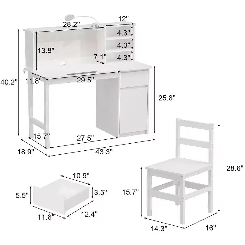 Set scrivania e sedia per bambini in legno massello: piano regolabile inclinabile + scomparto integrato + lampada a clip, postazione di studio ergonomica per bambini