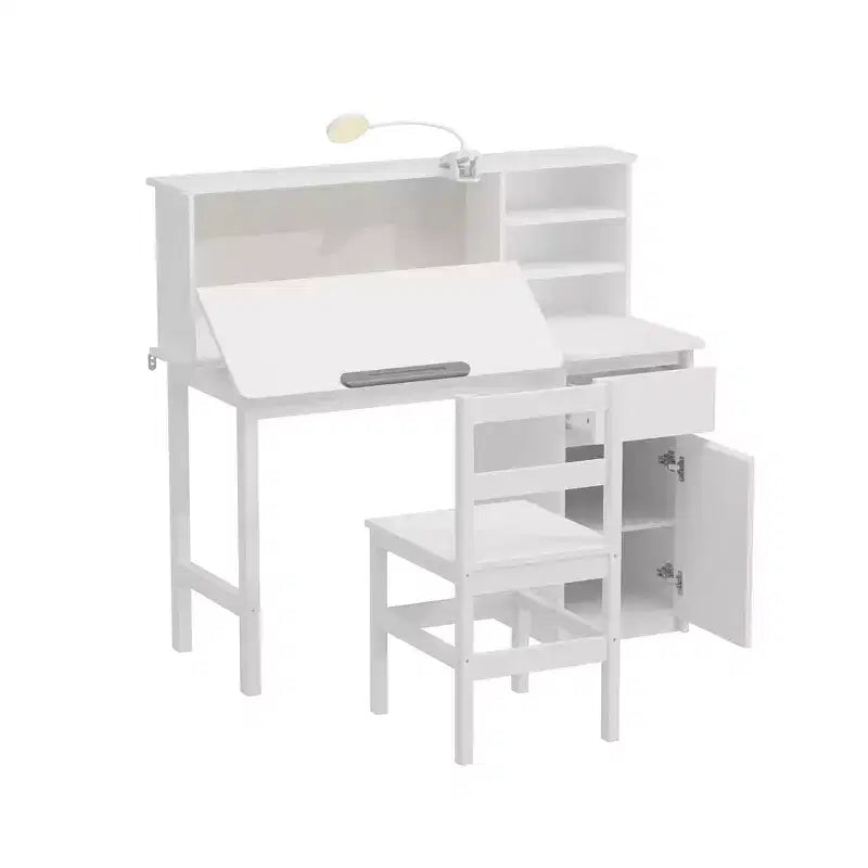 Set scrivania e sedia per bambini in legno massello: piano regolabile inclinabile + scomparto integrato + lampada a clip, postazione di studio ergonomica per bambini