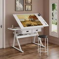 JVNOXK Adjustable drawing drafting table desk with 2 drawers for home office and school with stool (all white)