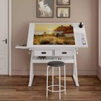 Tavolo da disegno regolabile con 2 cassetti per casa, ufficio e scuola con sgabello (tutto bianco)