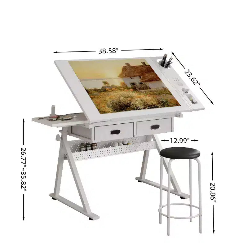 Tavolo da disegno regolabile con 2 cassetti per casa, ufficio e scuola con sgabello (tutto bianco)