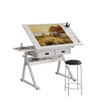 Tavolo da disegno regolabile con 2 cassetti per casa, ufficio e scuola con sgabello (tutto bianco)